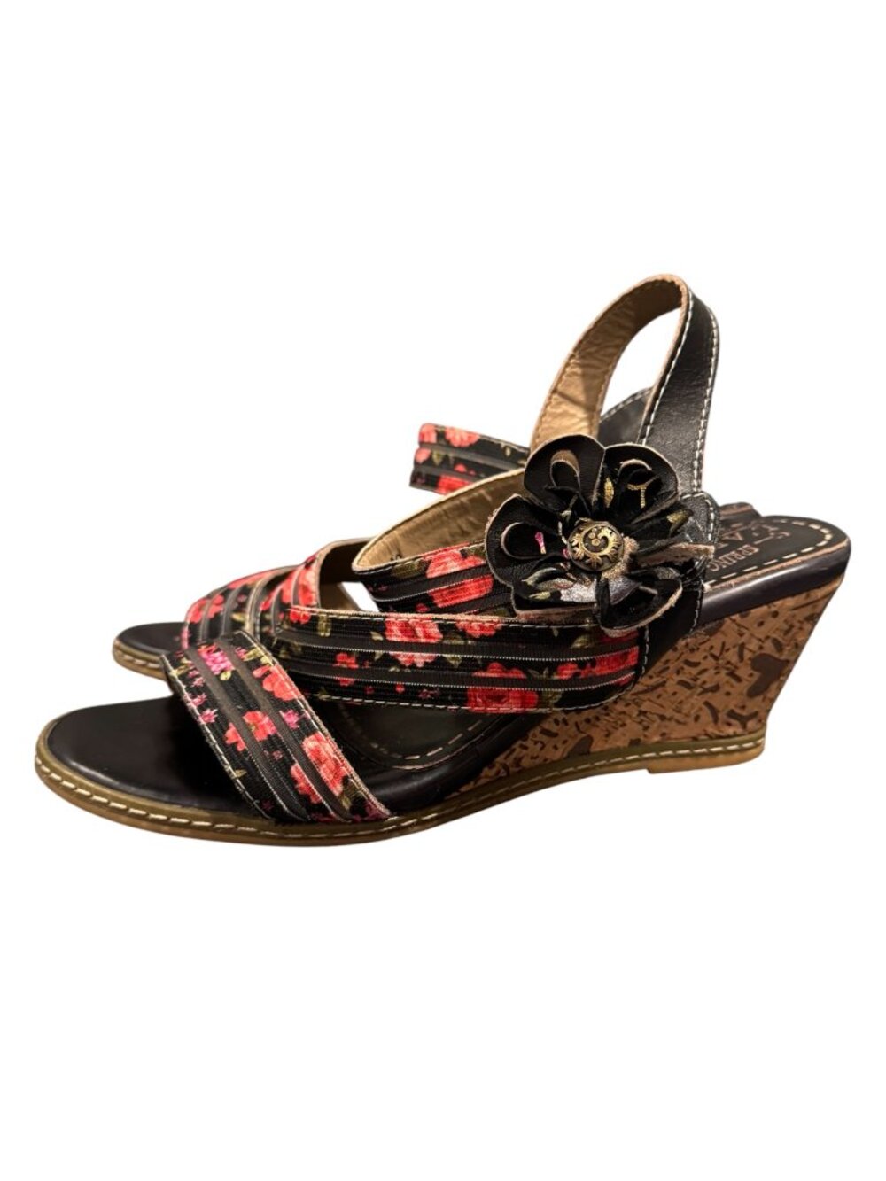L’Artiste Spring Step LANDY-RDM Leather Floral Wedge Sandals EU 39 Women’s 8/8.5 - Picture 2 of 9